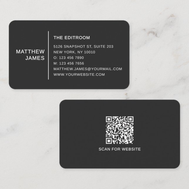 Simple Modern Minimal Matte Black White QR Code Business Card (Front/Back)