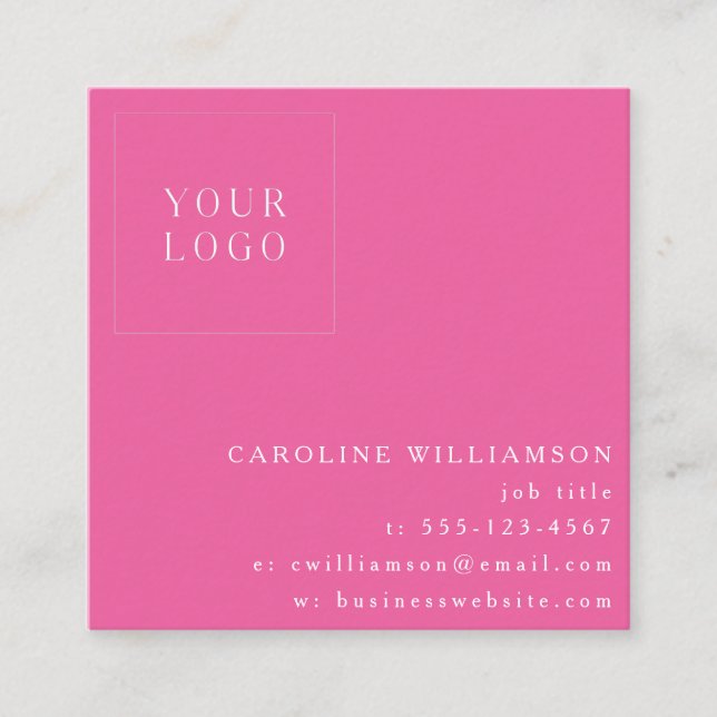 Simple Modern Minimal Professional Logo Hot Pink Square Business Card (Front)