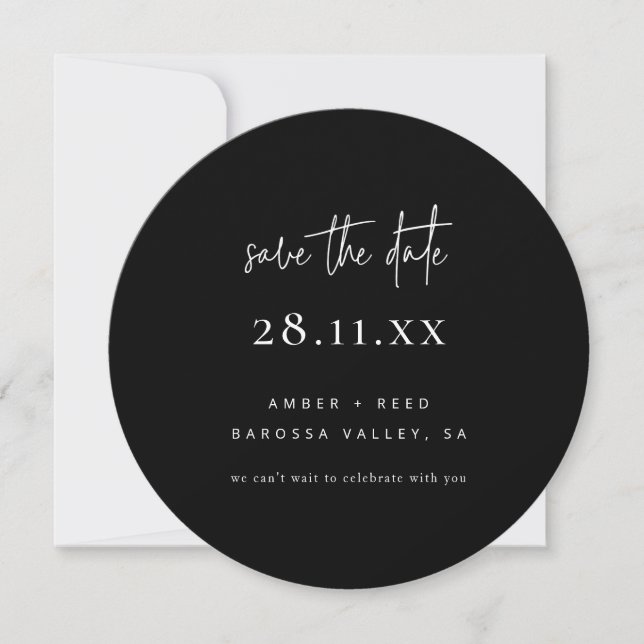 Simple Modern Minimal Round Circle Black & White Save The Date (Front)