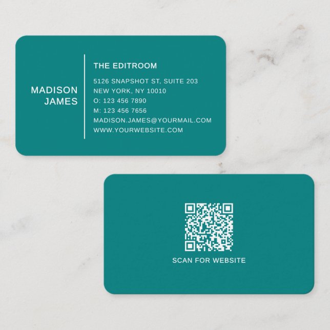 Simple Modern Minimal Teal QR Code Business Card (Front/Back)
