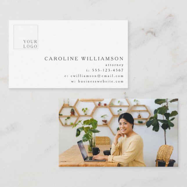 Simple Modern Minimalist Attorney Logo Photo  Business Card (Front/Back)