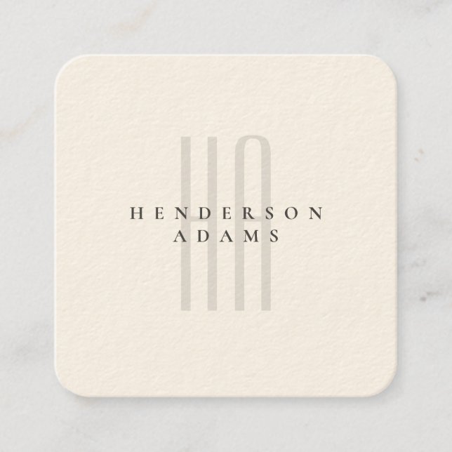 Simple Modern Minimalist Beige Black Monogrammed Square Business Card (Front)
