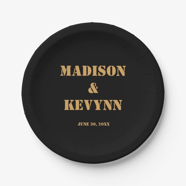 Simple Modern Minimalist | Black and Gold Wedding Paper Plate (Front)