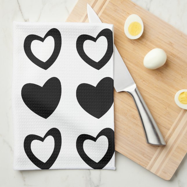 Simple Modern Minimalist Black and White Hearts Tea Towel (Quarter Fold)