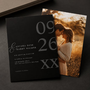 Simple Modern Minimalist Black Photo Wedding Invitation