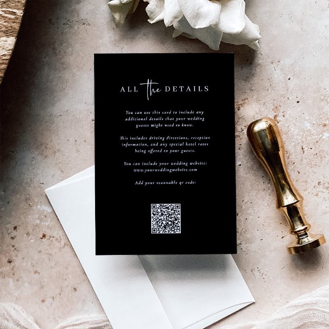 Simple Modern Minimalist Black | Wedding Details Enclosure Card (Wedding detail cards with a scannable QR code)