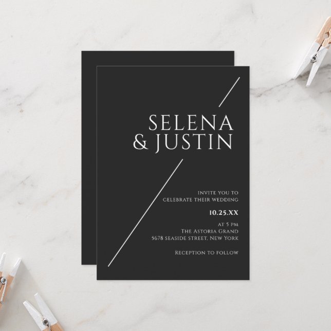 Simple Modern Minimalist Black Wedding Invitation (Front/Back In Situ)