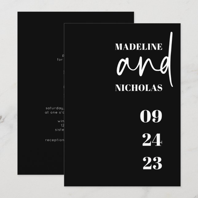 Simple Modern Minimalist Black Wedding Invitation (Front/Back)