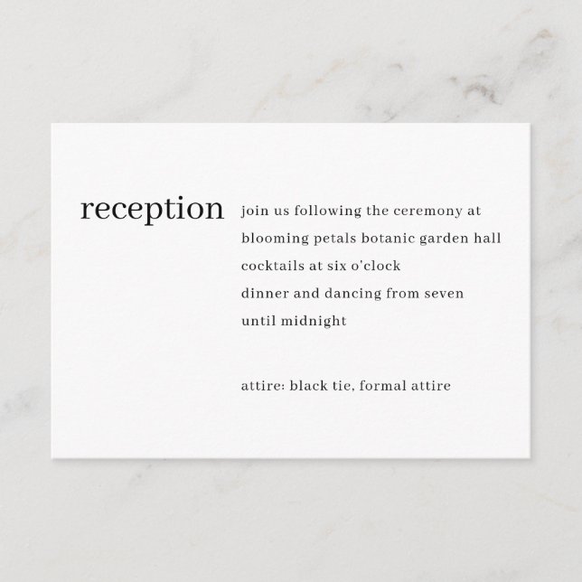 Simple Modern Minimalist Black Wedding Reception Enclosure Card (Front)