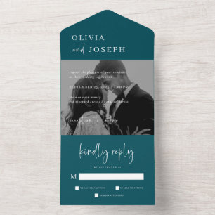 Simple Modern Minimalist Deep Teal Photo Wedding All In One Invitation