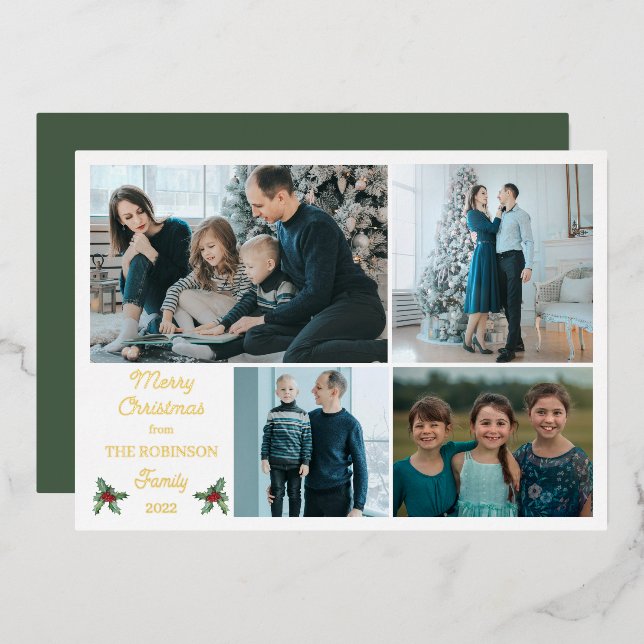 Simple Modern Minimalist Merry Christmas 4 Photo Foil Holiday Card (Front/Back)