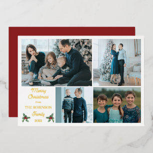 Simple Modern Minimalist Merry Christmas 4 Photo H Foil Holiday Card