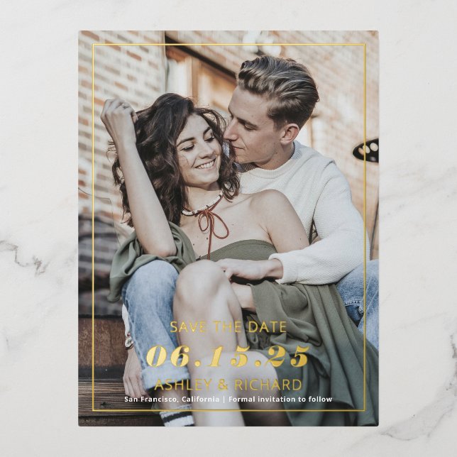 Simple modern minimalist photo save the date foil invitation postcard (Front)
