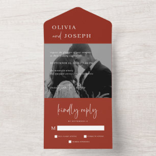 Simple Modern Minimalist Rich Red Photo Wedding All In One Invitation