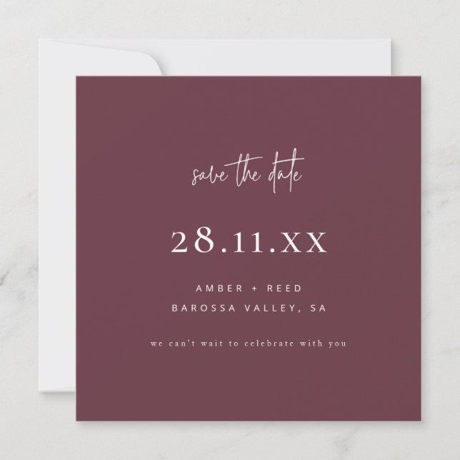 Simple Modern Minimalist Square Burgundy Script Save The Date (Front)