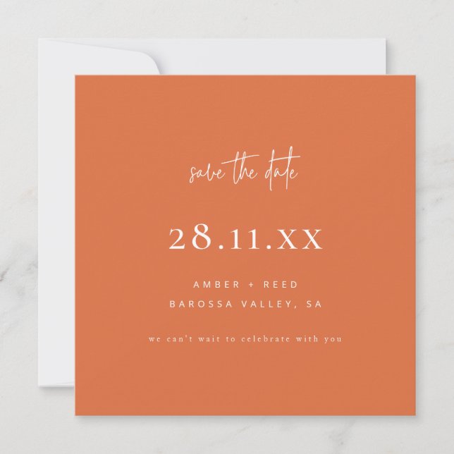 Simple Modern Minimalist Square Burnt Orange Save The Date (Front)