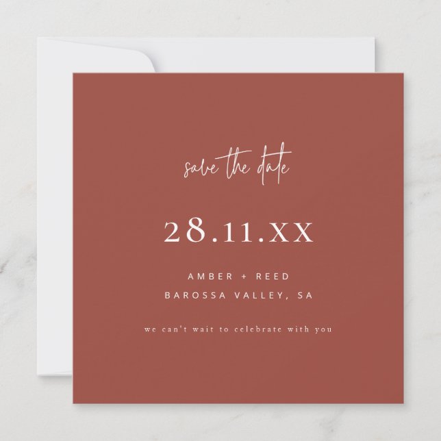 Simple Modern Minimalist Square Terracotta Save The Date (Front)