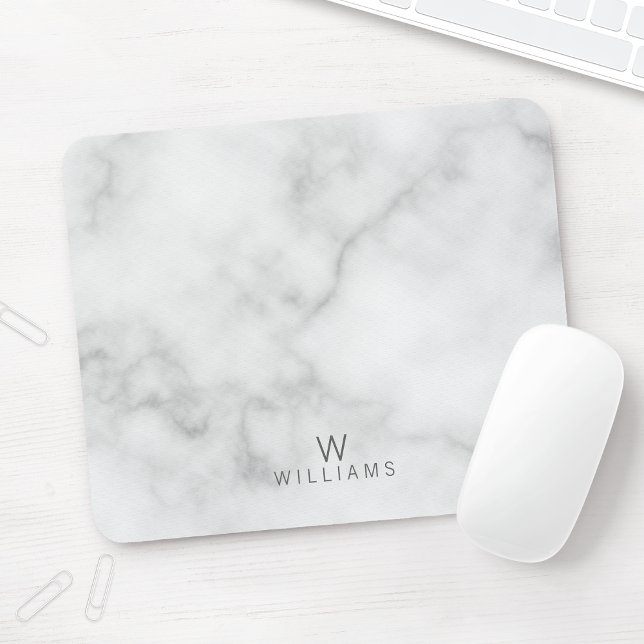 Simple Modern Minimalist White Marble Monogram Mouse Mat (Creator Uploaded)