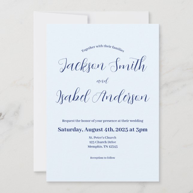 Simple Modern Minimalistic Blue Wedding Invitation (Front)