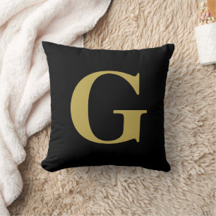 Simple Modern Monogram Black and Gold Cushion