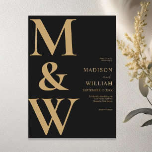 Simple Modern Monogram Black and Tan Wedding Invitation