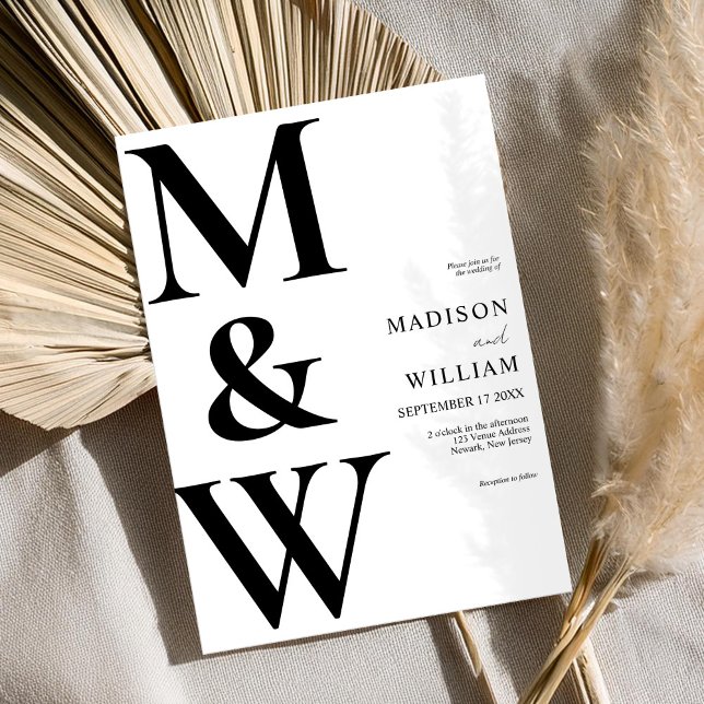 Simple Modern Monogram Black and White Wedding Invitation (Creator Uploaded)