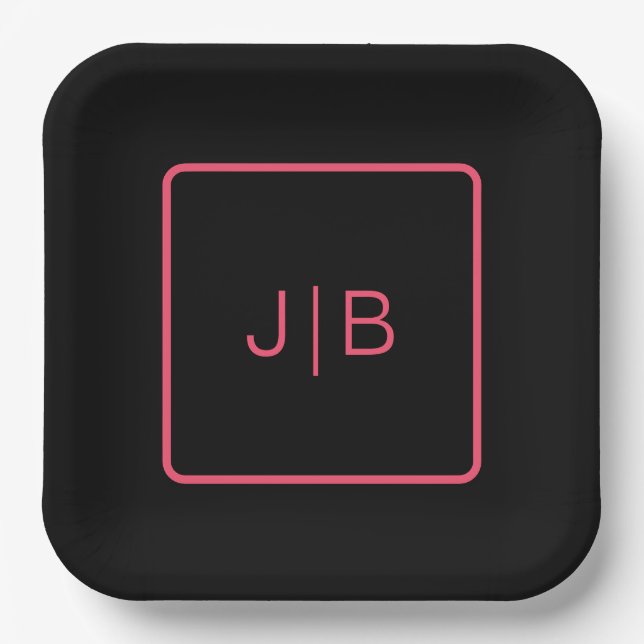 Simple modern monogram black, pink custom paper plate (Front)