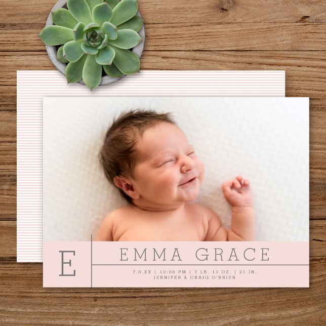 Simple Modern Monogram Blush Pink Girl Photo Birth Announcement (Creator Uploaded)