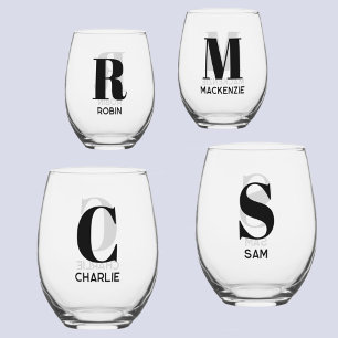 Simple Modern Monogram Initial Name Personalised Stemless Wine Glass