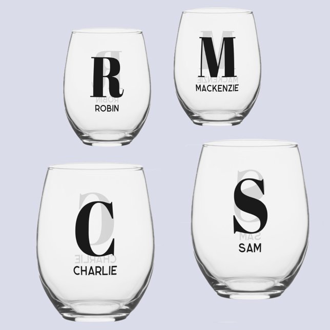 Simple Modern Monogram Initial Name Personalised Stemless Wine Glass (Monogram initial name personalized modern stemless wine glasses)