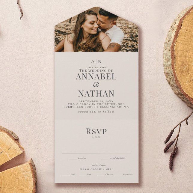 Simple Modern Monogram & Photo Ivory Wedding   All In One Invitation (Creator Uploaded)