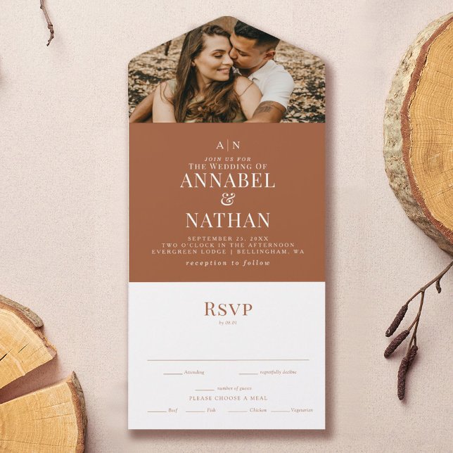 Simple Modern Monogram & Photo Terracotta Wedding  All In One Invitation (Creator Uploaded)