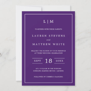 Simple Modern Monogram Royal Purple Wedding Invitation