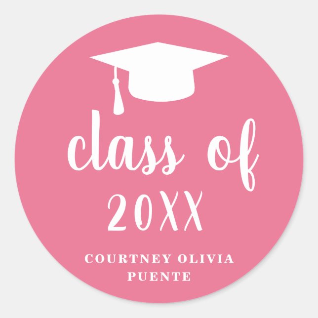 Simple Modern Mortar Board Pink Graduation Classic Round Sticker (Front)