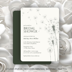 Simple Modern Moss Green Dandelion Bridal Shower Invitation