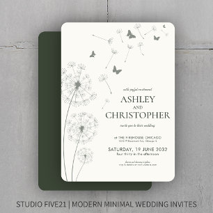 Simple Modern Moss Green Dandelion Wedding Invitation