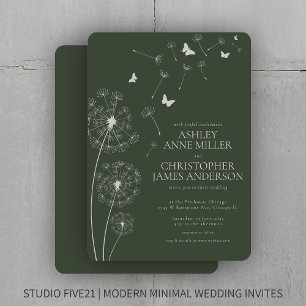 Simple Modern Moss Green Dandelion Wedding Invitation