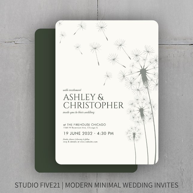 Simple Modern Moss Green Dandelion Wedding Invitation (Creator Uploaded)