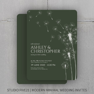 Simple Modern Moss Green Dandelion Wedding Invitation