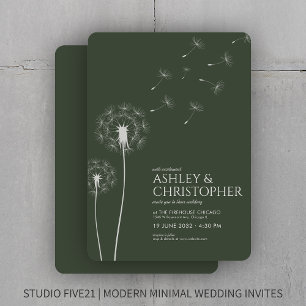 Simple Modern Moss Green Dandelion Wedding Invitation