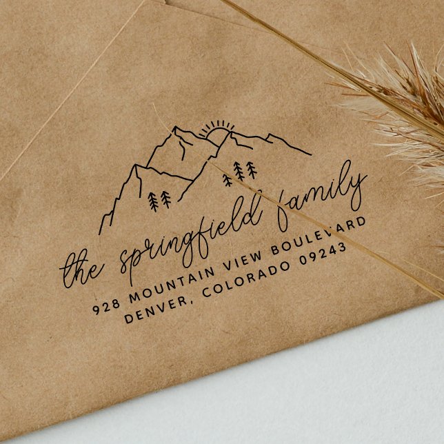 Simple Modern Mountains Trees Family Name Address Rubber Stamp (Rubber Stamp Mock-up)