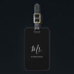Simple Modern Mr Groom Newlywed Elegant Luggage Tag<br><div class="desc">Simple luggage tag with "Mr." in an elegant script along with your last name in white over a black background.  This modern luggage tag makes the perfect wedding gift for a newlywed groom for his honeymoon.</div>