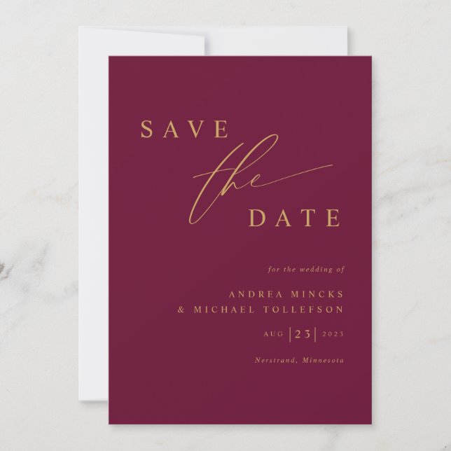 Simple Modern Mulberry Wine and Gold Wedding Save The Date (Front)