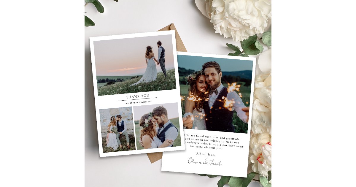 Simple Modern Multi Photo Collage Wedding Thank You Card | Zazzle