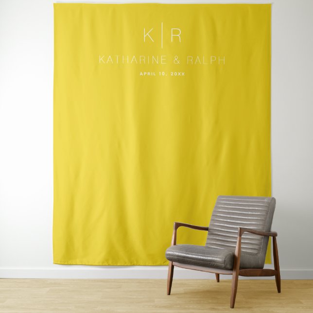 Simple Modern Mustard Monogram Wedding Backdrop Tapestry (In Situ)