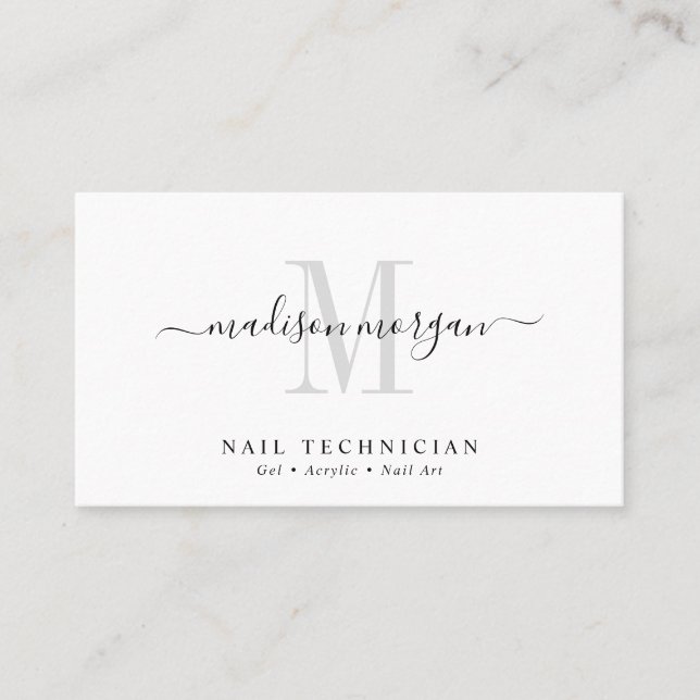 Simple Modern Nail Technician Script Monogram Business Card (Front)