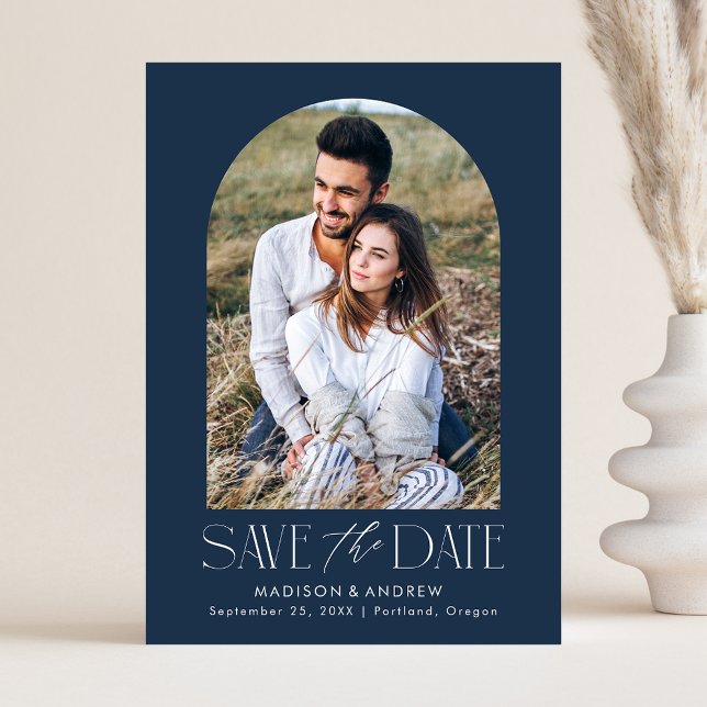 Simple Modern Navy Arch Photo Save The Date (Creator Uploaded)
