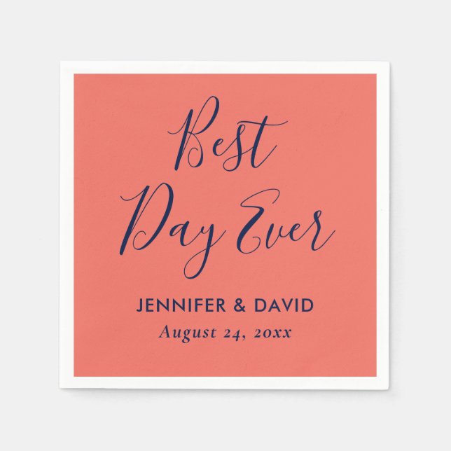 Simple Modern Navy Blue and Coral Wedding Napkin (Front)