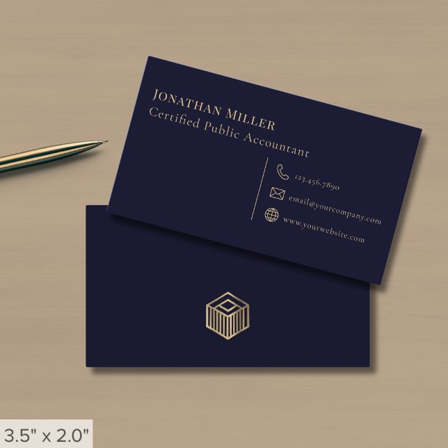 Simple Modern Navy Blue and Gold Business Card (Creator Uploaded)