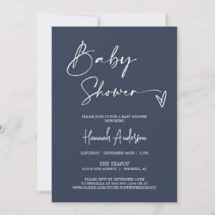 Simple Modern Navy Blue Baby Shower QR Code Photo Invitation